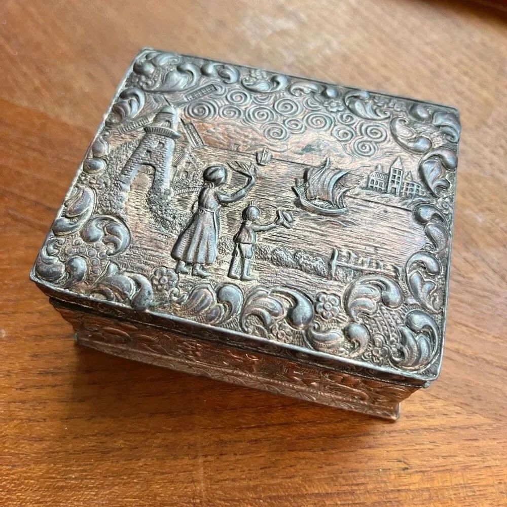Vintage Dutch Windmill Trinket Box Cedar Lined Made in Japan Embossed Metal